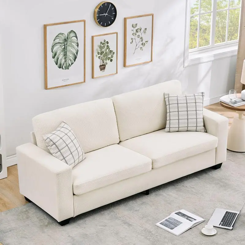 83-Inch Modern Beige 3-Seater Upholstered Cloud Sofa, Comfy Deep-Seat Indoor Furniture for Compact Bedroom, Office, Living Room Decor