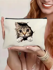 Cute Cat Pattern Makeup Bag, Portable Cosmetic Storage Bag, Zipper Makeup Organizer Pouch, Versatile Storage Bag for Travel, Gym, Office, Home