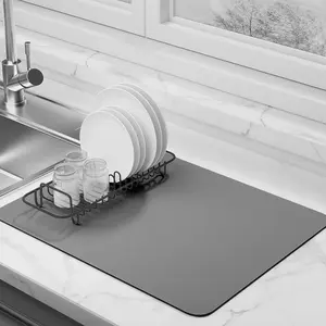Super Absorbent Dish Drying Mat for Kitchen Counter Non-slip Rubber Backed Hide Stain Heat Resistant Easy to Clean Dish Rack Mat Gray M 16"x18"
