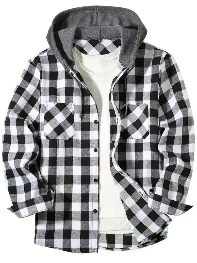 New York fashion plaid fleece hooded sweatshirt for men, European/American sizing, double-pocket design, buttoned front. Menswear Tops Casual Checked