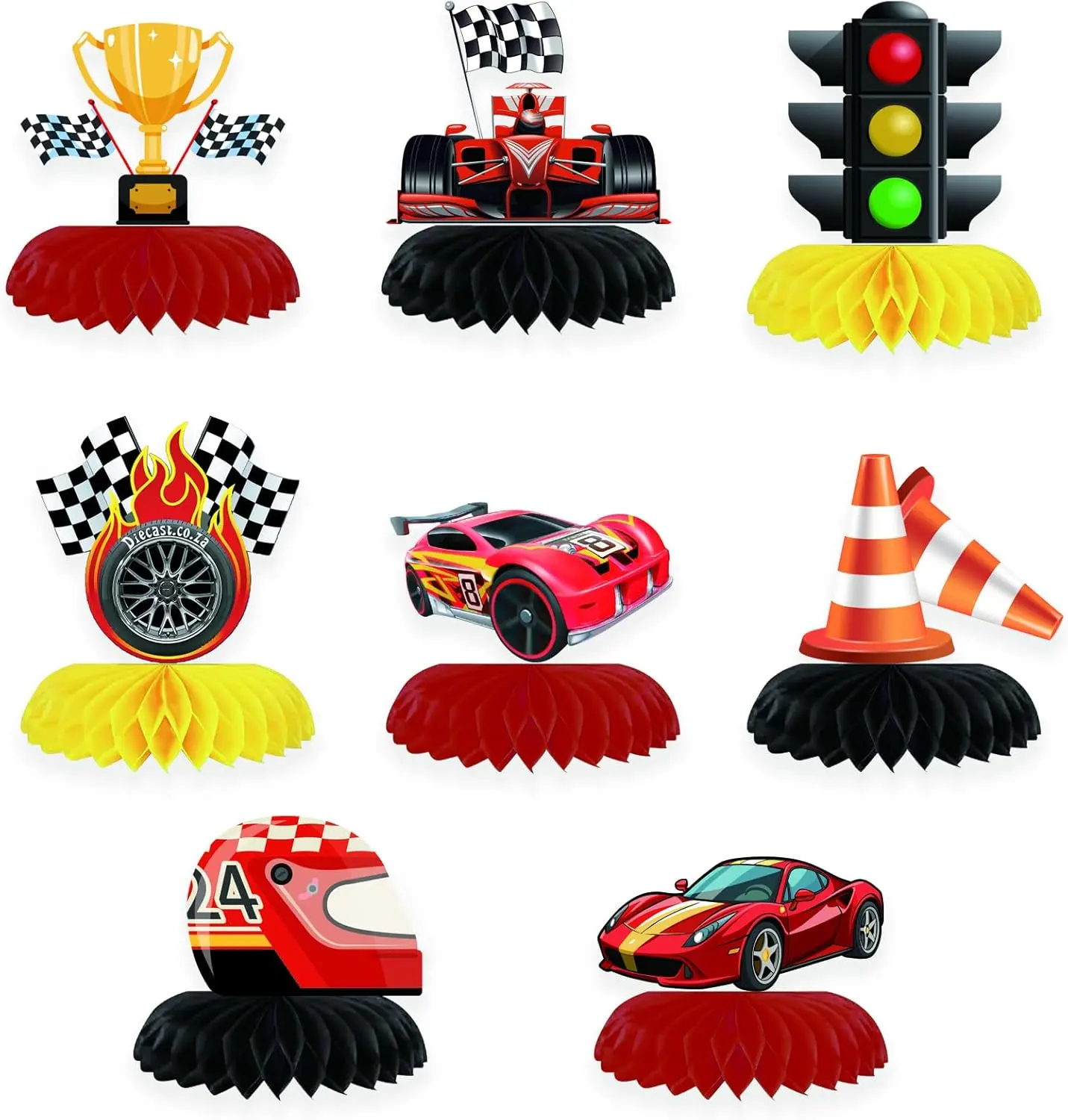 8-Piece Paper Honeycomb Centerpiece Set - Double-Sided 'Let's Go Racing' Lightweight 3D Car Decor, Race Theme Festive Party Supplies for Birthday Parties, Outdoor Arch, Baby Shower