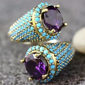 FASHION - Jianjie Elegang Women's Amethyst Zircon Inlay Two Tone Classic Imitation Corn Shaped Ring Gold Color Luxury Ring Accessories