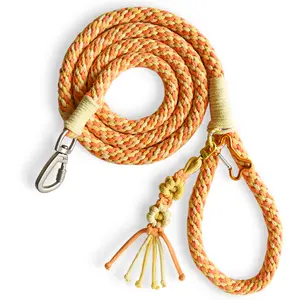 Handmade Braided Cotton Dog Leash with Removable Floral Design – Durable Handwoven Rope, Secure Alloy Buckle, 5.2ft for Small & Medium Dogs, Ideal for Walks & Training, Orange Yellow