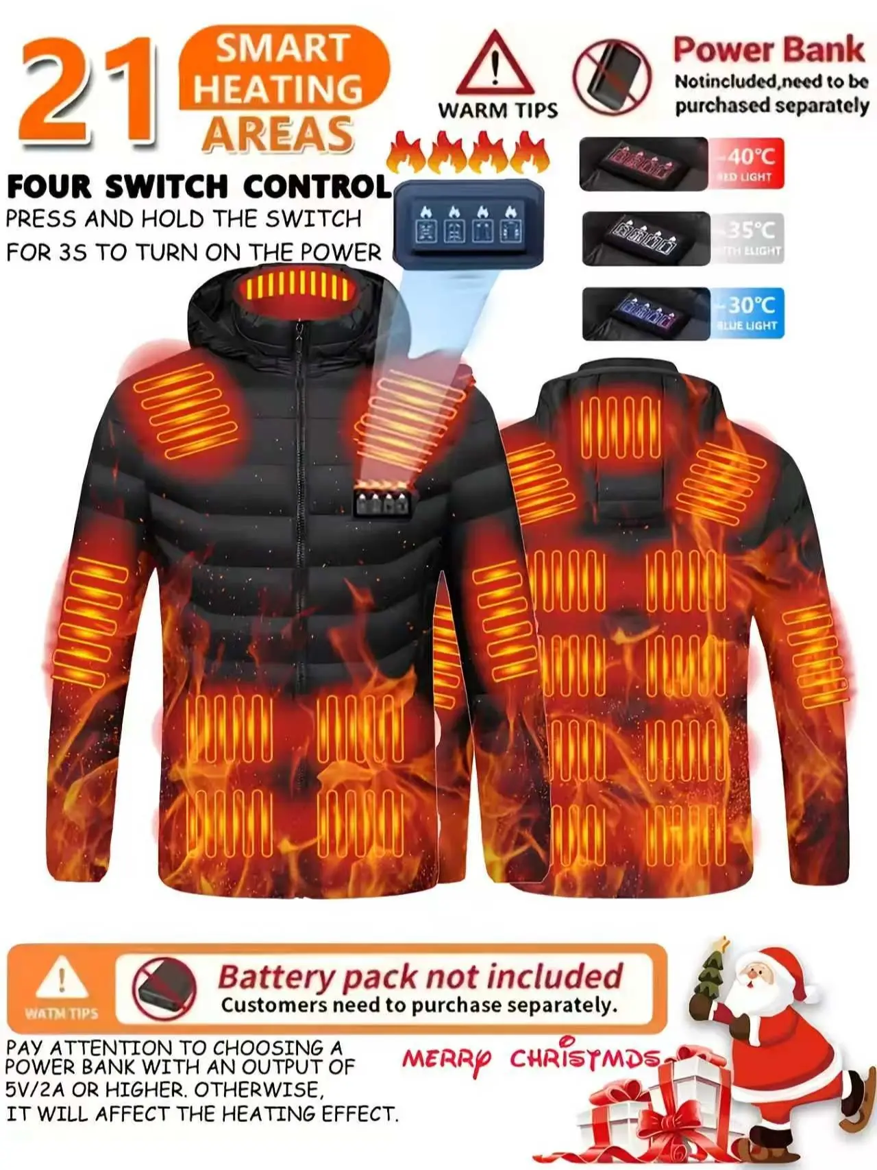 Men's and women's heated jacket with 21-zone multi-directional heating system, windproof and cold-resistant for going out, recommended for outdoor cycling and skiing, casual and trendy style, keeps you warm in winter, battery pack not included
