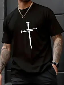 100% Cotton Unisex Christian Minimalist Religious Jesus Crist Three Nails Cross T-Shirt,spring/autumn Christmas snowflake fun pattern men's T-shirt
