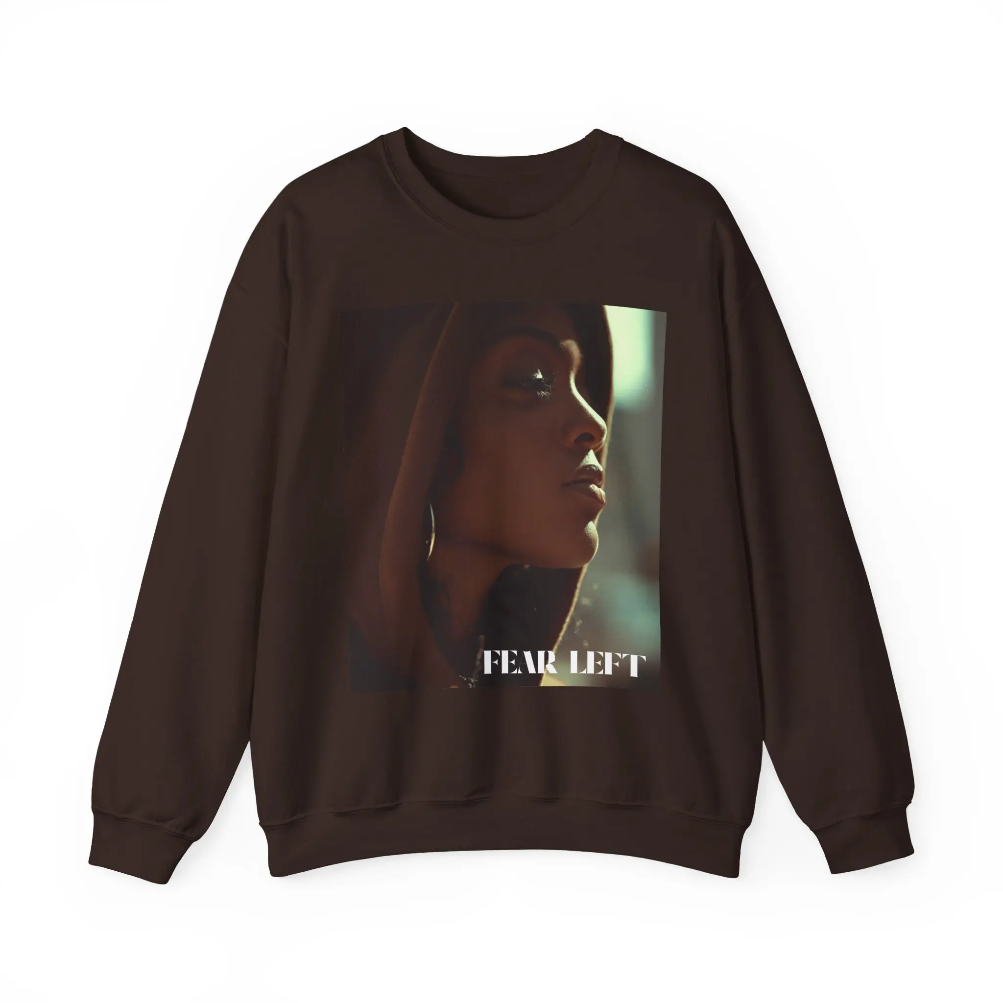 Fear Left & Faith Stained Unisex Crewneck Sweatshirt Dark Chocolate Brown Minimalist Design with Striking Portrait for Comfort Durability Casual Womenswear Pullover Statement Piece