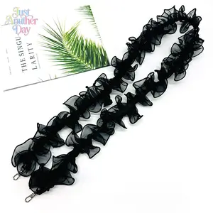 Sweet Ruffled Mesh Bag Strap Replacement, Lace Trimmed Shoulder Strap for Handbags, Cute Black Organza Ruffle Chain for Purse & Phone Accessories