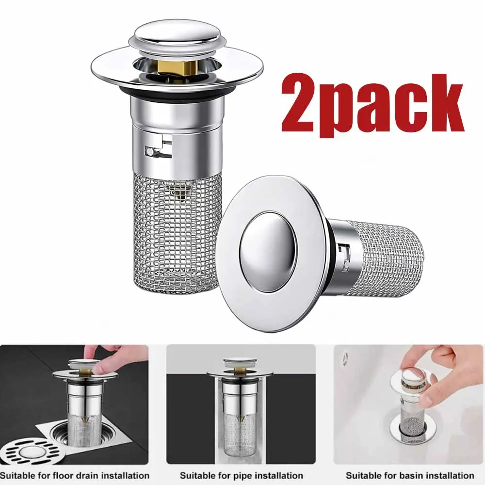2 Pack Universal Bathroom Sink Stopper 1.06–1.50 Inch, 2-in-1 Pop Up Drain Filter Hair Catcher, Chrome Copper & ABS Anti-Clog Sink Drain Strainer Plug Replacement for Bathroom Sink