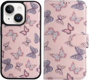 Designed for iPhone 15 Wallet Case - Detachable Flip Folio Cover - RFID Blocking 4 Card Slots Holder - Premium Leather Magnetic Kickstand - Protective Phone Case 6.1", Cute Butterflies