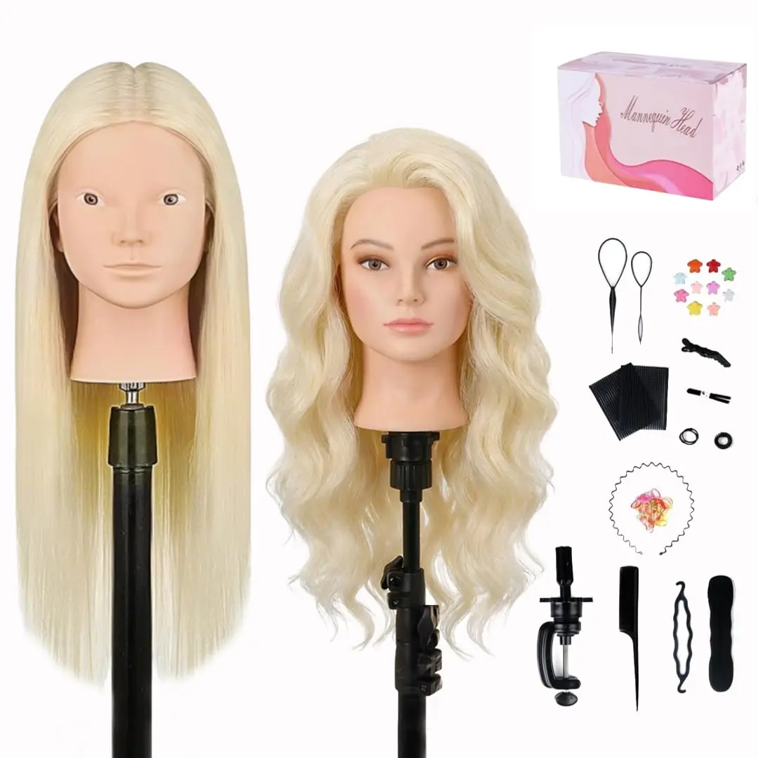 26'' Mannequin  with Hair, 80% Real Human Hair Hairdresser Practice    Mannequin Manikin Doll  with Table Clamp Holder + DIY Hair Styling Braid Set (Blonde, No