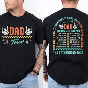 Men's T - Shirt with Rock - inspired Dad - themed Design: "DAD Tour" and Skeleton Hand Graphics, Plus "The Fatherhood Tour" Back Prin