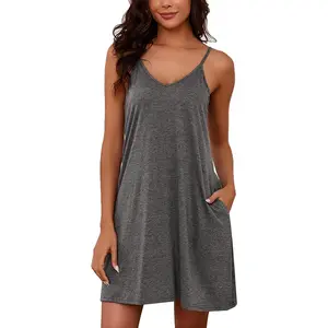Marvmys Womens Cotton Sleeveless Nightgown Spaghetti Strap V Neck Full Slip Sleep Dress with Pockets Lightweight