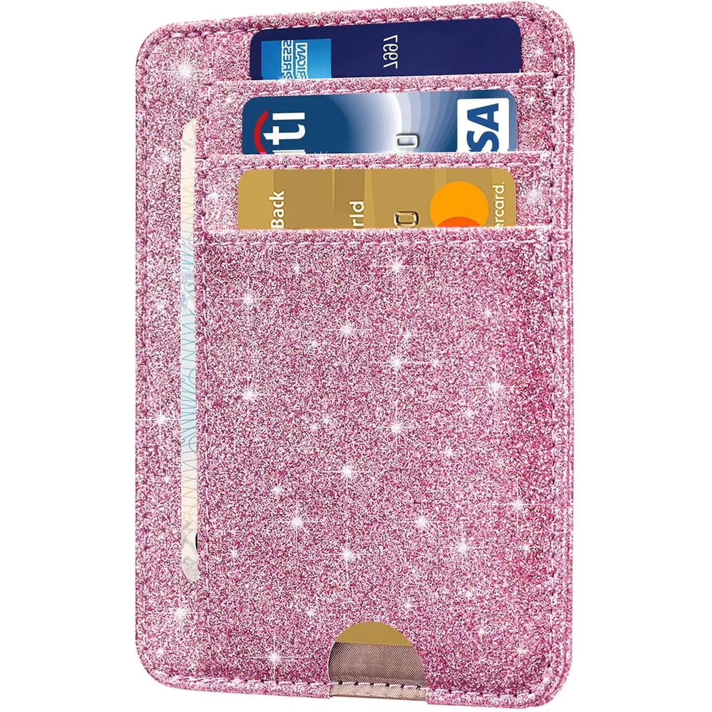 Minimalist Vegan Leather Card Holder for Women, Slim Pink Glitter Front Pocket RFID Organizer, Credit Card Protector for Girls