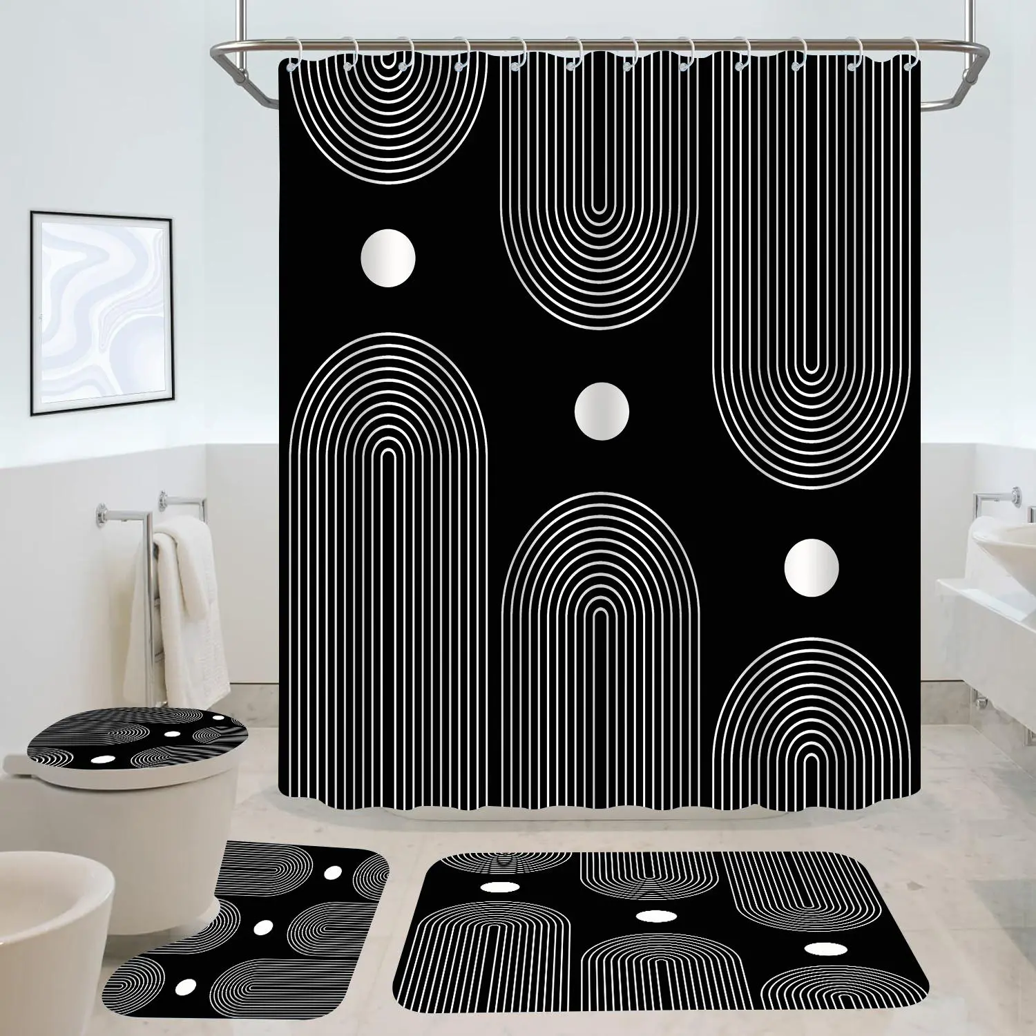 Geometric Pattern Shower Curtain Set, 4 Counts/set Including Shower Curtain & Toilet Mat & Bath Mat & Toilet Lid Cover Or 1 Count Shower Curtain, Bathroom Decor, Bathroom Shower Curtain Sets, Bathroom Shower Equipment, Shower Essentials