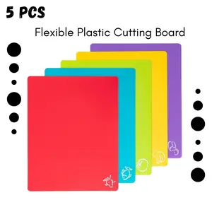 5 Pieces Flexible Plastic Cutting Board Mats with Food Icons, BPA Free Cutting Boards for Kitchen, Non Slip Cutting Mat for Meat and Vegetables (Red, Bright Yellow, Light Green, Purple, Lake Blue)