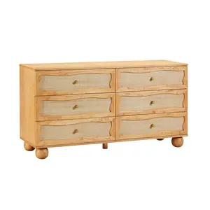 Grappa 62" Natural Wood & Raffia Wavy 6-Drawer Dresser