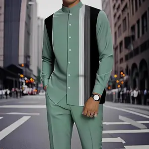 European and American Men's Casual Light Luxury Striped Long-sleeved Shirt Trousers Sports Suit, Striped Embellishment Printed Pattern Men's Trousers Matching, Eye-catching Must-have Casual Sportswear Halloween Dress up Men's Brother Sam