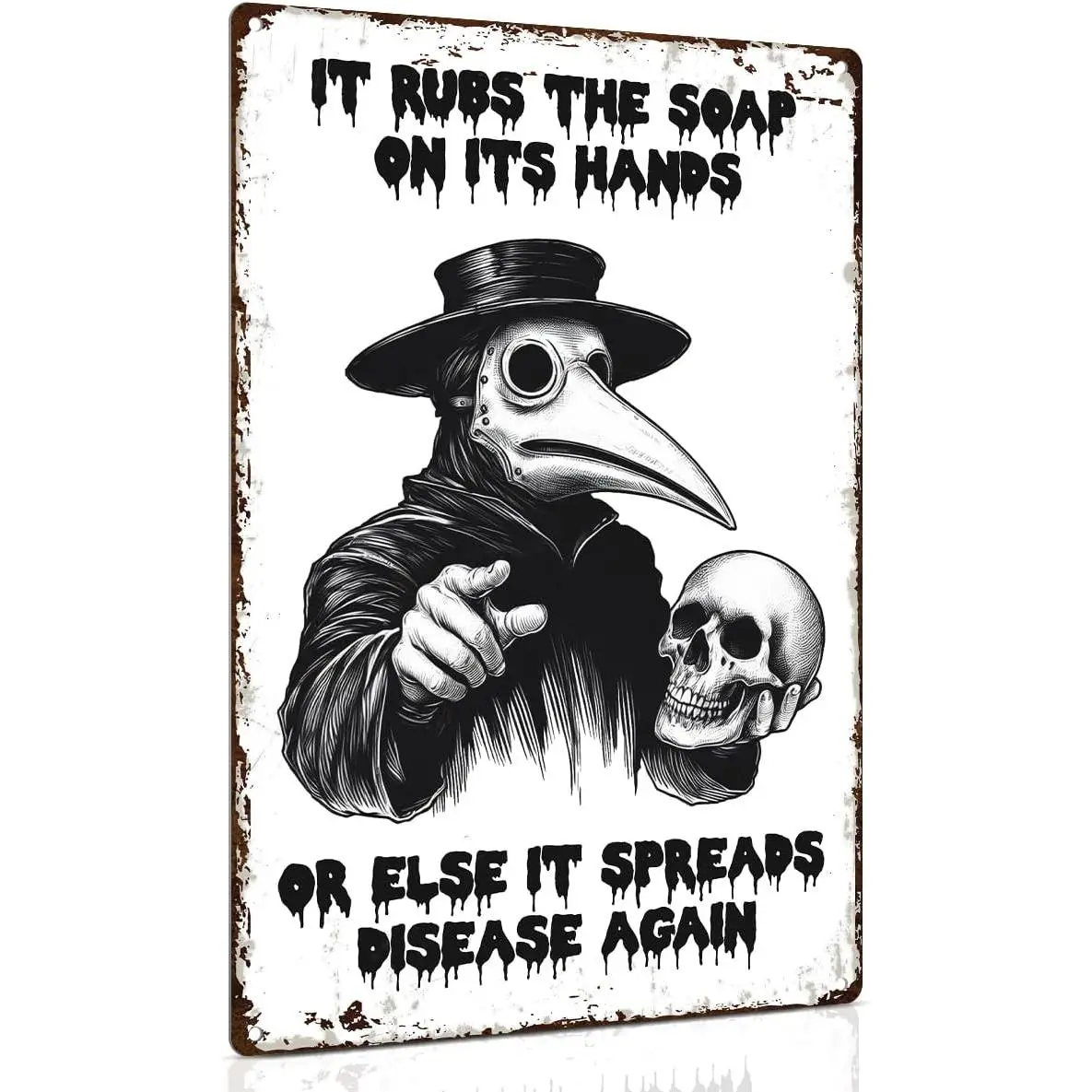 8x12 In Steel Tin Wall Art Plaque - Goth Creepy Plague Doctor Metal Sign, Wash Your Hands Reminder, Home Supplies, Outdoor Garden Metal Sign, Adult Gothic Lovers Gift, Bathroom Decor, Decorative Plaque, Outdoors