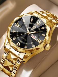 men's business fashion rhinestone decor analog quartz watch, calendrier waterproof watch for party, daily decor, trendy exquisite watch for birthday gift with box