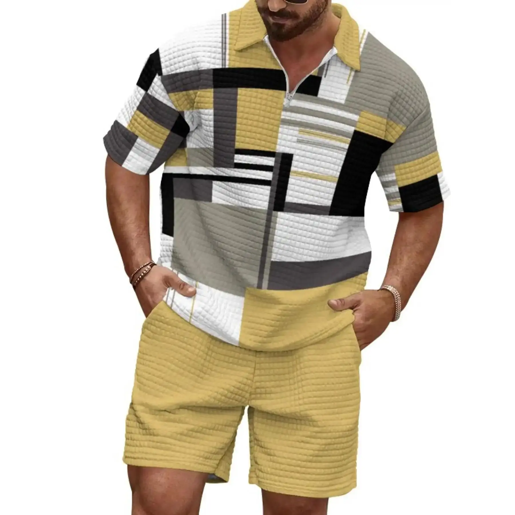 Men's Colorblock Polo Set Half Zip Collared Shirt Matching Shorts Summer Two Piece Casual Fashion Outfit, EssentialBasics, EverydayWear, TrendyLook, RelaxedFit, Breathable, Trendy, 2026 Style weekend wear sophisticated