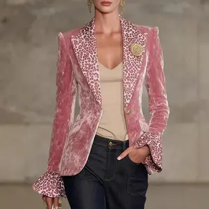 Fashion Sweater Pink Blazer Women Leopard Collar Suit Coat Autumn Winter Ruffer Long Sleeve Jacket Coat Elegant Office Lady Coat