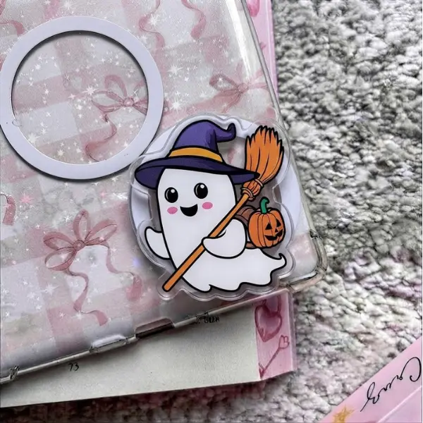 Halloween Flying Witch Broom Pumpkin Phone Grip, Cute Ghost Witch MagSafe PopSocket, Flying Broom Ghost Phone Socket, Spooky Gift