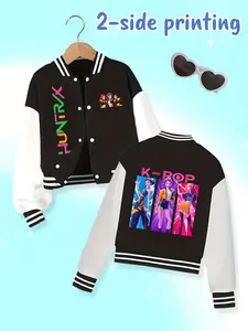 Girls Kpop Demon Hunters Dance Wind Role Print Baseball Jacket, Colorblock Print Jacket, Letter Jacket, Children Fall Winter Elastic Casual Outerwear, Korean Style Daily Wear