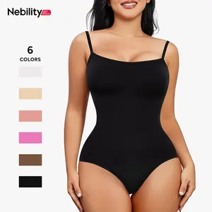 Nebility Women's Solid Seamless Camisole Bodysuit - Flat Neck Spaghetti Strap, Sleeveless Casual for Daily Wear, Minimalist Black Shapewear Vest Basic