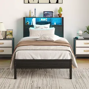 Twin Size Bed Frame with Storage Headboard and Charging Station, Metal Twin Platform Bed with LED Lights, Bookcase Storage, No Box Spring Needed, Easy Assembly, Black