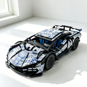 1311pcs Blue-And- Porcelain Style Super Car Building Blocks Set, High-Aesthetic Racing Vehicle Model Collection Decor, Personalized Stickers Included