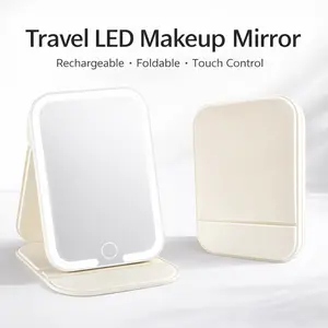Rechargeable Travel LED Makeup Mirror with 3 Color Lighting Portable Vanity Touch Dimmable Cosmetic Mirror for Travel Essentials Foldable Touch Control
