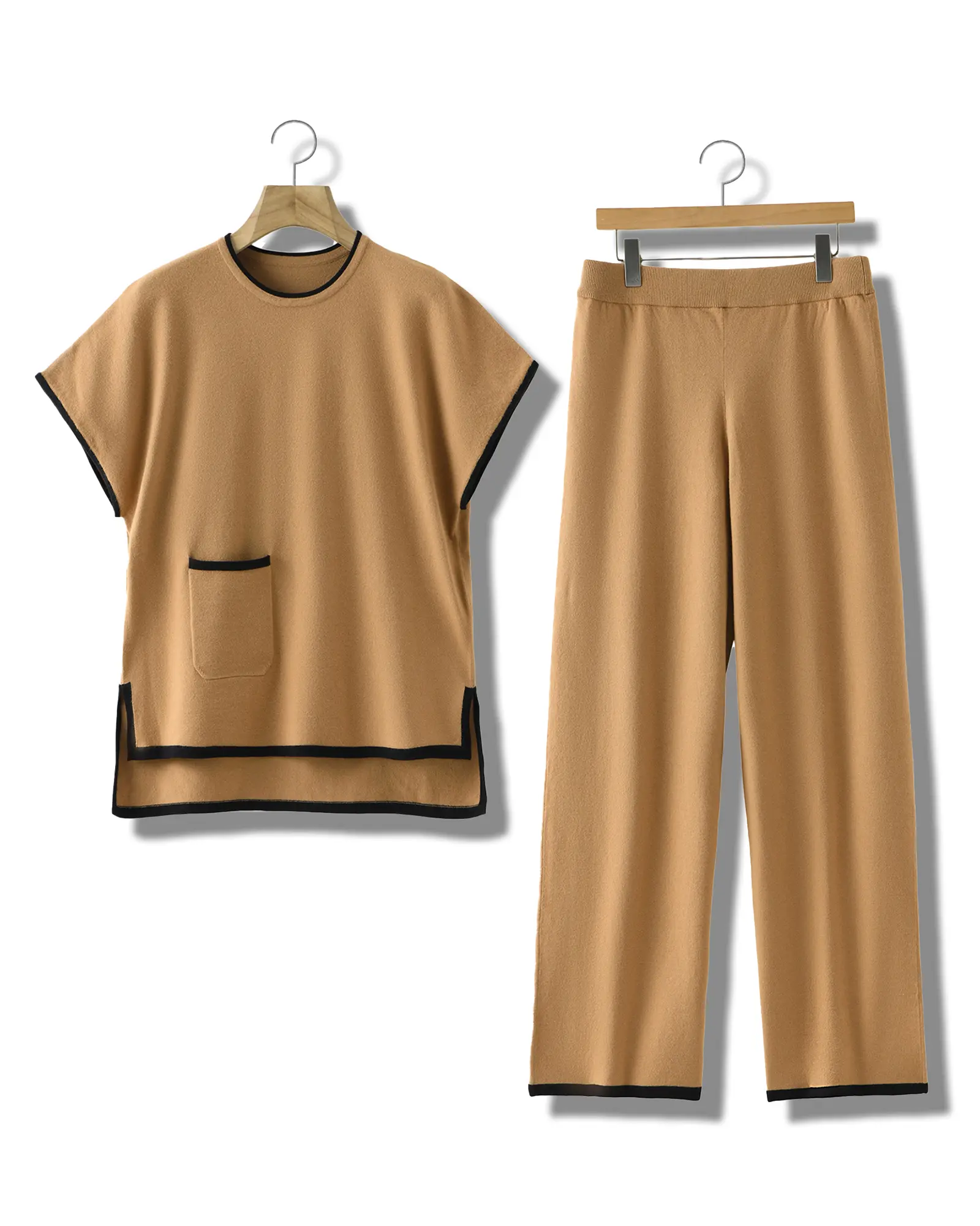 Women's Casual Loungewear Set with Contrast Trim, Smooth Light Nylon Viscose Yarn Knit Pocket Top and Wide Leg Pants, Matching, Bottom, Sleeveless