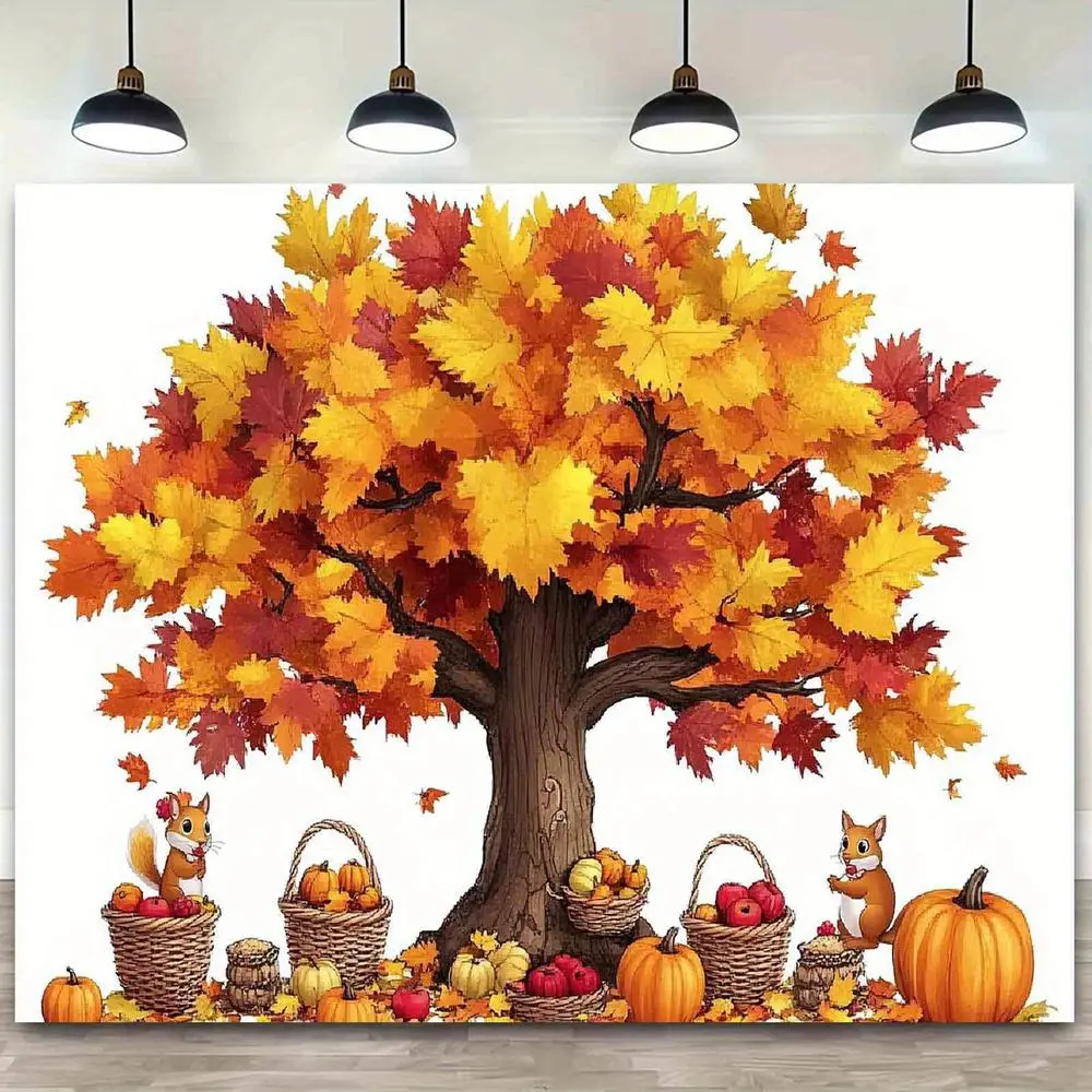 Polyester Autumn Photo Backdrop Banner, 1pc 149.86x99.06cm Vibrant Maple Trees-Leaves, Squirrels & Harvest Baskets Design, Home Festive Party Supply for Happy Birthday, Weddings