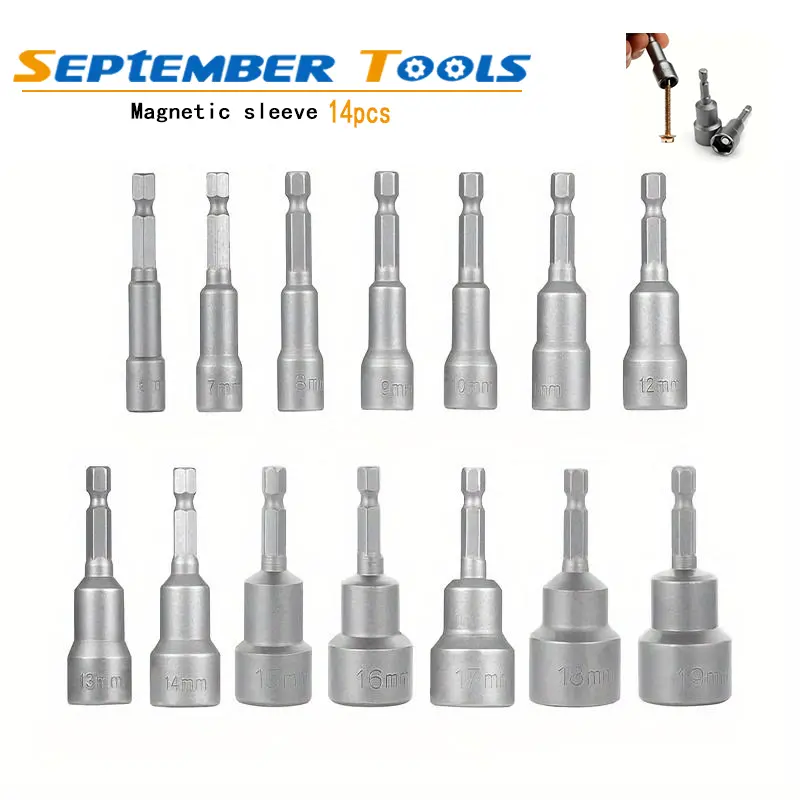14pcs Hex Wrench Socket Set, Chrome Steel with Magnetic Hold, 6-19mm Depth Adapter, Drive Sockets, Quick-Change Drill Accessory, Corrosion-Resistant for Metal Surfaces