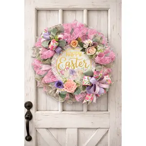 Happy Easter Spring Wreath – Pastel Easter Door Wreath – Pink Spring Front Door Decor – Farmhouse Easter Wreath – Large Easter Wreath