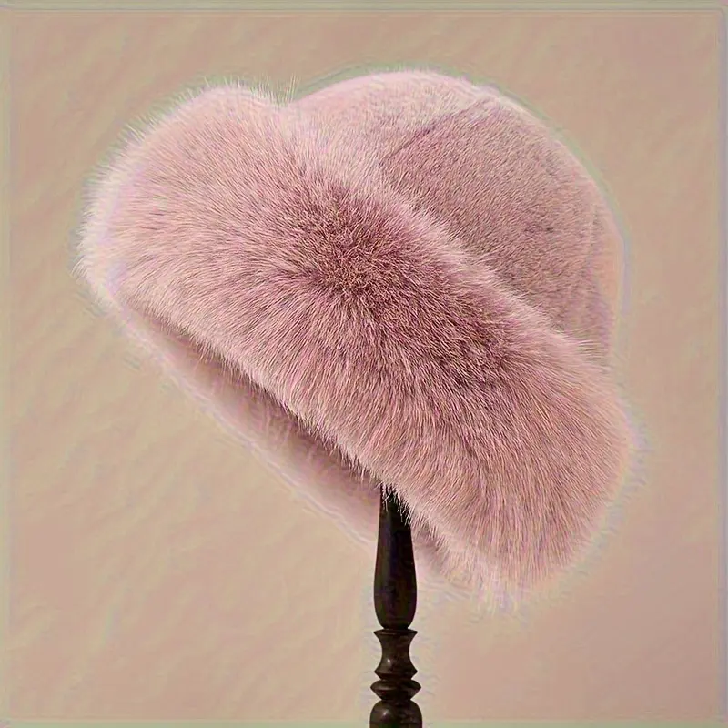 1pc Women's Casual Thick Warm Hat - Elegant Faux Fox Fur Winter Beanie with Elastic Ear Protection, Soft Pink Hand Washable Cold Weather Accessory, Ideal Holiday Gift, Plush Fashion Item