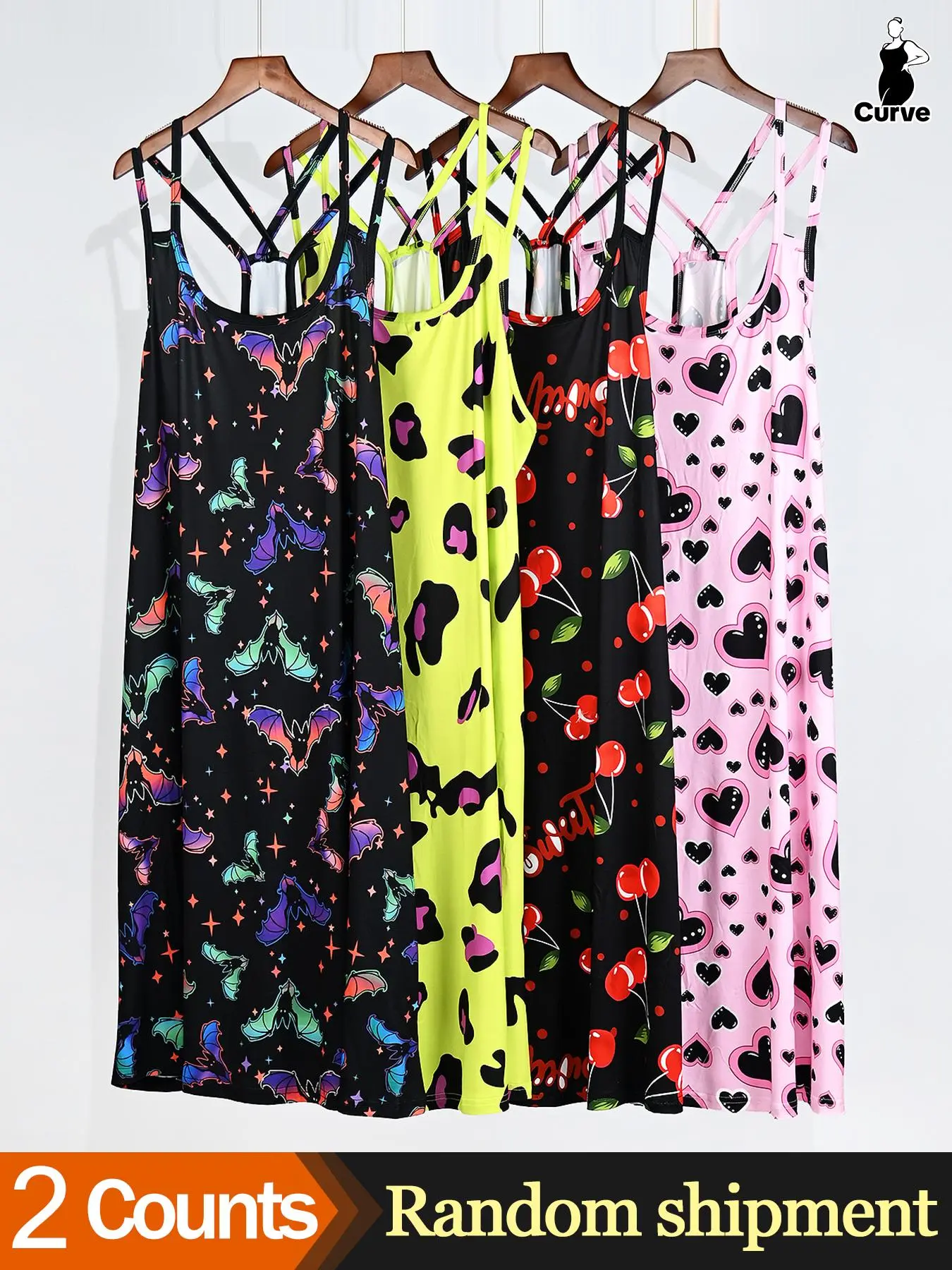 2-Pack Random Print Camisole Sleep Dresses, Strap Chemise Nightgown, Summer Comfortable Loose-Fit Nightgowns for Homewear, Stylish and Sexy Sleep Attire, Casual Lightweight Sleepwear, Loungewear, Sleeveless, Womenswear, Nightwear, Nightdress Slip