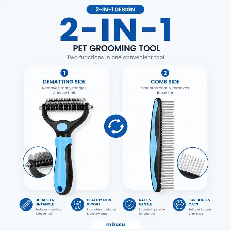 Dog & Cat 2-Piece Deshedding Grooming Accessories Set - Deshedding Tool, Slicker Brush, Double-Sided Pain-Free Comb, 17-Tooth Tool, 6.7"l Ultra-Wide Base Detangler, 3.9"w(2.6" Brush Part), Fur Removal, Universal Fit, Shiny Coat Boost, 17-Tooth Side, Dual