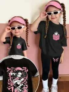 Girls' Demon Slayer Kimetsu No Yaiba Two-Piece Set, Fashion Clothes Set, Casual Outfit Set, Round Neck Short Sleeve & Bottoms, Cartoon Style, All Seasons