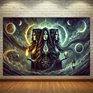 1pc Hecate Goddess of Reality and Fantasy Backdrop - Large Gothic Mystic Wall Hanging Fabric (243.84x182.88cm/8x6ft) - Dark Fantasy Decor with Celestial Moons, Flames & Pentagrams - Durable Polyester Fabric for Photo Studio, Halloween, Weddings, Home - No