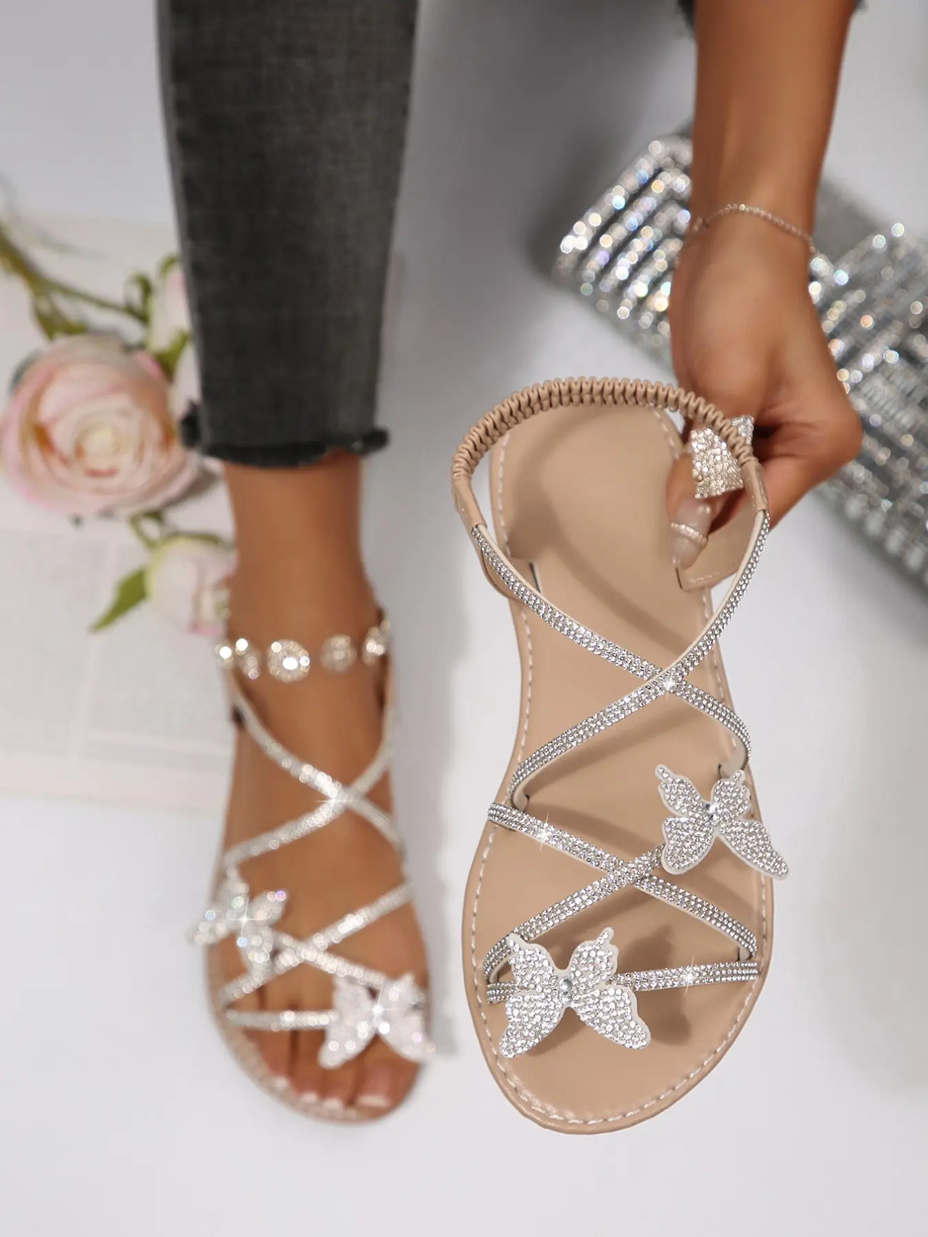 Summer New Round Toe Open-Toe Strappy Cross Glass Rhinestone Cute Bow Slip-On Elastic Ankle Strap Flat Rubber Sandals for Women
