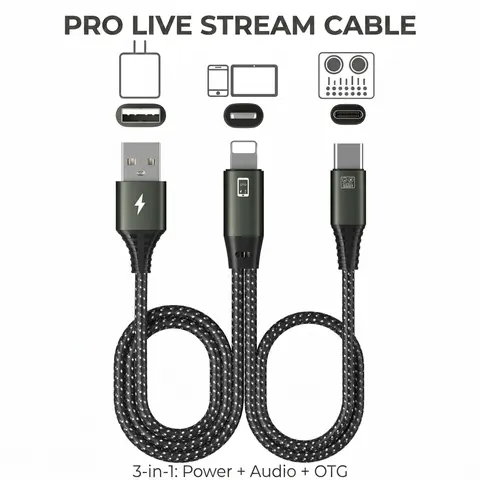 Summerwins 3-In-1 OTG Multi-Port Charger Adapter - Pull-Resist Nylon Braided Metal Connector, USB-C/Lightning/USB-A Ports, Cable for Cellphones & Electronic Sound Devices, Live Broadcast & Charging Tool, Type-C/Lightning