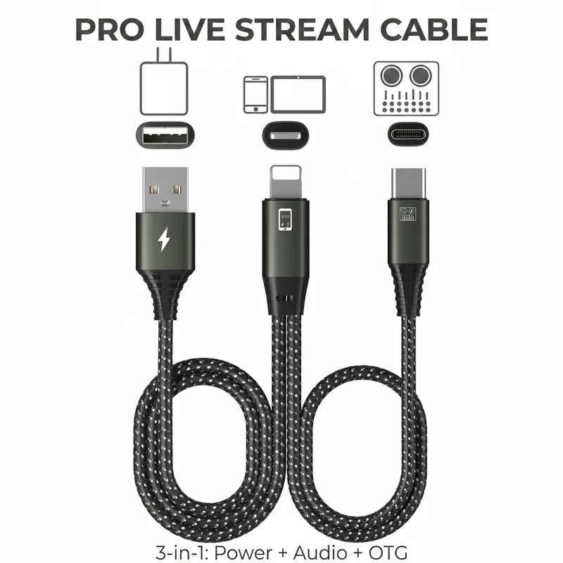 Summerwins 3-In-1 OTG Multi-Port Charger Adapter - Pull-Resist Nylon Braided Metal Connector, USB-C/Lightning/USB-A Ports, Cable for Cellphones & Electronic Sound Devices, Live Broadcast & Charging Tool, Type-C/Lightning
