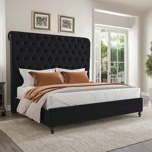 Velvet Upholstered Platform Bed Frame With 60" Tall Sleigh Headboard No Box Spring Required Bedroom Furniture
