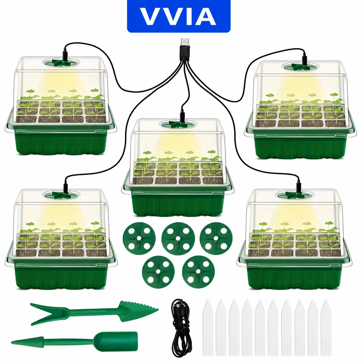 5-Pack Rectangular Plastic Mini Propagator Kit, Classic Grid Pattern Seed Starter Trays with 12 Cells per Tray, USB Powered Grow Light, Humidity Domes, Drainage Holes for Indoor Greenhouse Plant Germination