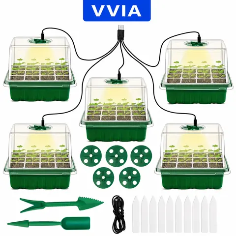 5-Pack Rectangular Plastic Mini Propagator Kit, Classic Grid Pattern Seed Starter Trays with 12 Cells per Tray, USB Powered Grow Light, Humidity Domes, Drainage Holes for Indoor Greenhouse Plant Germination