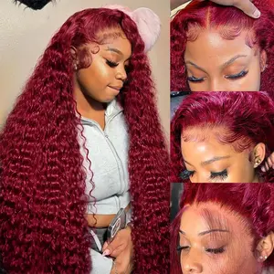 280% Density  99J Burgundy Lace Front Wigs Human Hair Deep Wave 13x6 HD Lace Frontal Wigs Human Hair Pre Plucked 180 Density Wine Red Colored 99J Curly human hair Wig with Baby Hair 26 inch Glueless Wig 280 Density