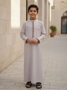 Muslim Traditional Boy's  Thobe, Elegant Embroidered Stand Collar, Long Sleeve with Pockets, Suitable for Ages 8-12