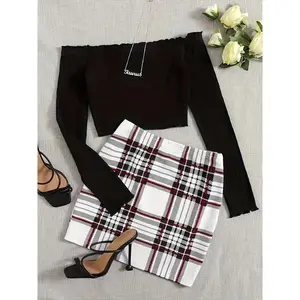 Spring/Summer Knit Fabric Skirt Suit Set - Plaid Pattern, Off the Shoulder Collar, Polyester Blend (95% Polyester, 5% Elastane), Lightweight 180g/m², Draped Design 2 piece sets women