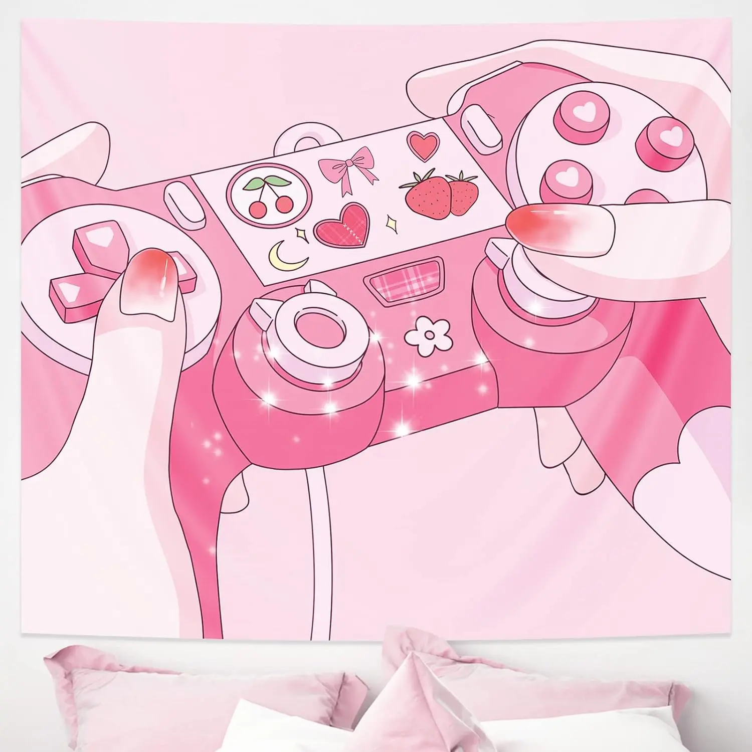 Pink Cute Tapestry Kawaii Gamer Room Decor Girl Room Gaming Anime Tapestry Lightweight Tapestry Wall Hanging for Bedroom Apartment Decorative Home Decor